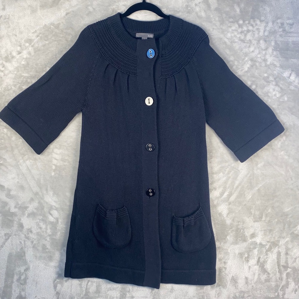 XXI Black Button Front‎ Knit Cardigan Sweater Size 1 3/4 Sleeve Pockets